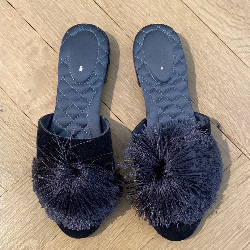 Birdies Navy Blue Pom-Pom Women's Slides